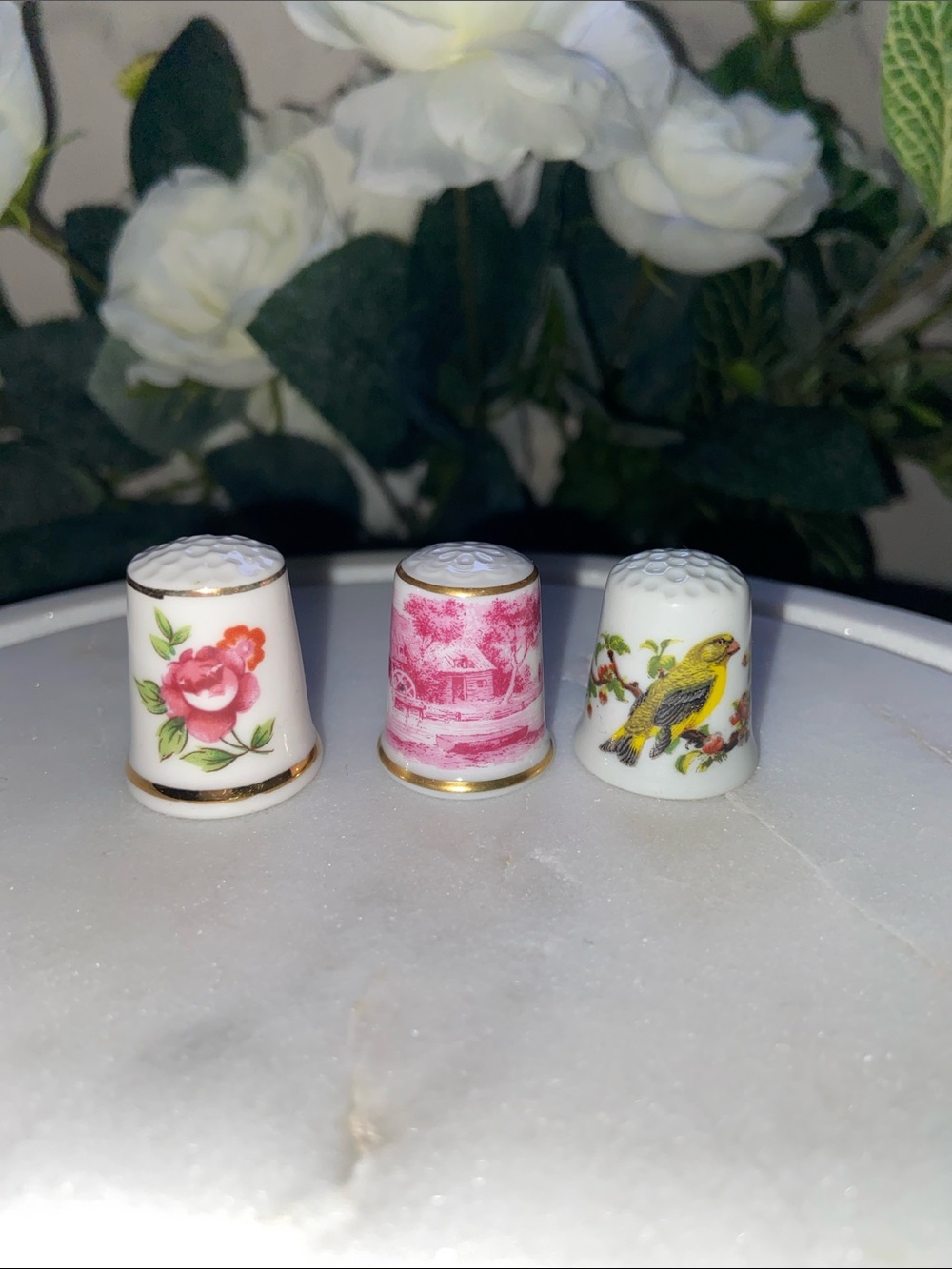 Porcelain Floral Decorative Thimble Trio - White with Multicolor Flowers Set of